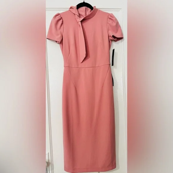 Maggy London Tie Neck Short Sleeve Sheath Dress in pink size 0 NWT